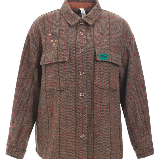 
Feiyu mid-length woolen jacket 2023 autumn and winter new style literary retro plaid shirt style embroidered women's jacket