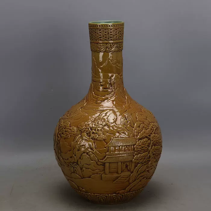 大清乾隆黄釉浮雕山水纹天球瓶做旧家藏仿古瓷器古玩古董收藏摆件-Taobao