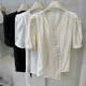 High-end V-neck slanted button short-sleeved shirt for women's summer 2025 new fashionable irregular lace-up waist-closing shirt top
