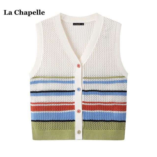 La Chapelle Colorful Striped Knitted Vest Women's Spring and Summer V-neck Hollow Cardigan Top
