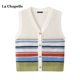 La Chapelle Colorful Striped Knitted Vest Women's Spring and Summer V-neck Hollow Cardigan Top
