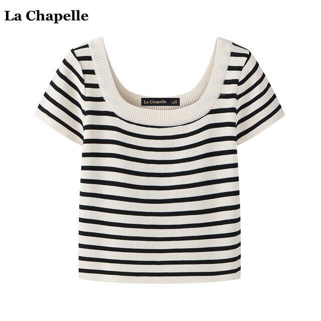 La Chapelle French U-neck Knitted Short Sleeve Top for Women's Summer Thin Slim Stripe T-shirt