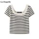 La Chapelle French U-neck Knitted Short Sleeve Top for Women's Summer Thin Slim Stripe T-shirt