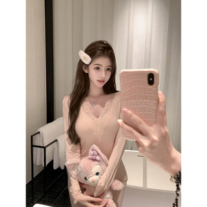 
Ruoyu customized Mayabi small heater lace stitching Q-elastic warm suit autumn and winter new bottoming shirt top