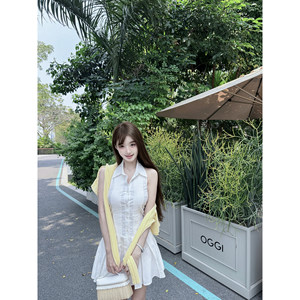 
Ruoyu Customized Summer White Flowers Pure Sexy Temperament Halter Neck Pressed White Pleated Dress Slimming Shirt Skirt