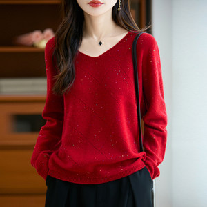 
Spring new fashion casual style V-neck red sweater women's loose pullover sequined animal year bottoming sweater