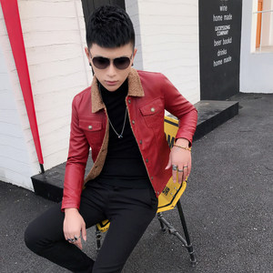 Small leather jacket for men lamb fur collar motorcycle suit for young men trendy jacket for men plus velvet leather jacket slim lapel handsome red
