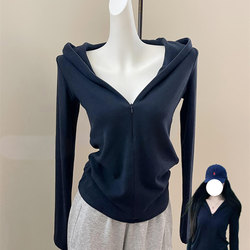 Korean-Style Casual Navy Blue V-Neck Zip-Up Hooded Sweatshirt for Women, Autumn High-End Simple Waist-Cinching Slimming Jacket Trendy