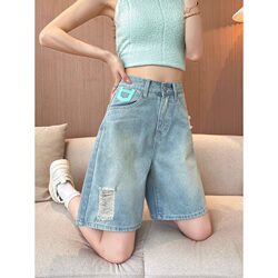 Vintage Ripped High-Waisted Denim Shorts for Women 2025 New Summer Thin Style Petite Straight Wide-Leg Mid-Length Shorts