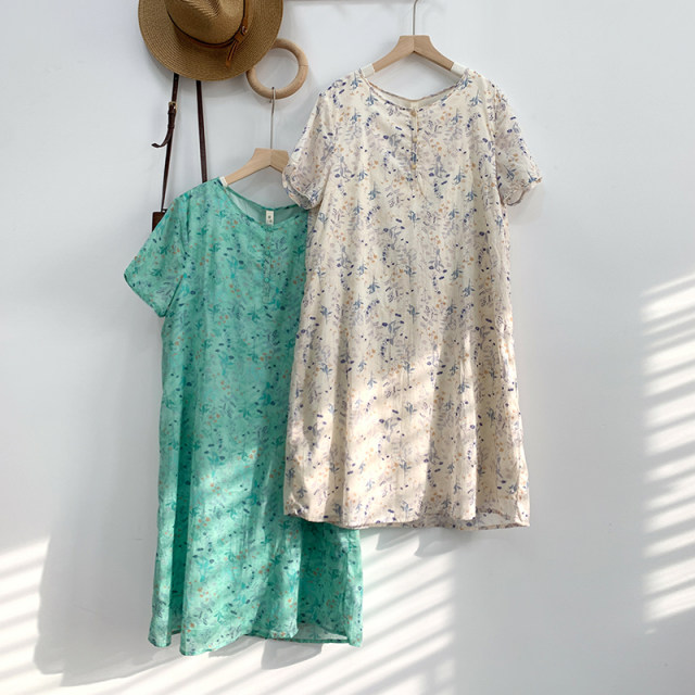 Porcelain pure cotton floral mid-length top double-layer impervious literary retro print loose single-wearing dress