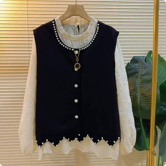 
2025 autumn new style plus size women's fat mm round neck splicing lace vest bottoming shirt top two-piece set
