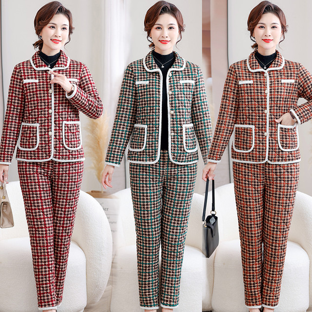 New autumn and winter mother's long-sleeved cotton coat and cotton pants two-piece suit large size loose three-layer thickened cotton coat warm winter clothing
