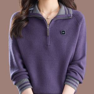 
2025 new half-zip lapel cardigan for women purple loose casual sweater thickened sweater for outer wear
