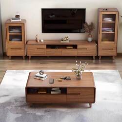 Yangman Tv Cabinet for Living Room, Home Use, Solid Wood Frame, Walnut Color, Tv Cabinet and Coffee Table Set, Small Apartment Storage Cabinet