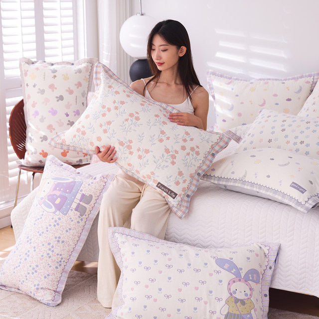 High-density pure cotton gauze snap pillow case one pair of cartoon all-purpose cotton pillow case all seasons, non-skinned pillow core cover