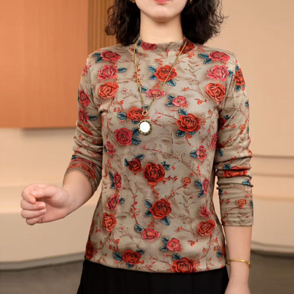 2025 autumn new half-high neck printed base shirt mother suit long-sleeved T-shirt slim and warm top for women