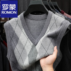 Romon genuine 100% pure wool vest men's vest V-neck autumn and winter warm top casual sweater vest