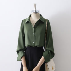 Retro Hong Kong Style Satin High-End Lapel Shirt for Women 2025 Spring & Fall Professional Work Clothing Draped Long-Sleeved Chic Top