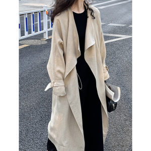 High-end linen trench coat women's spring and autumn drooping long tall irregular cool style women's high-end