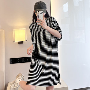 Modal round neck striped dress for women in summer casual outdoor dress large size loose casual knee long skirt