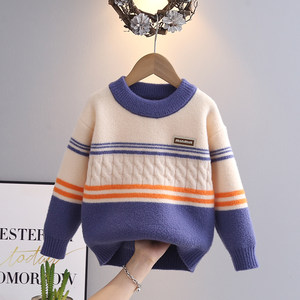 Boys' sweater thickened 2024 new winter Korean velvet medium large children's boys' knitted sweater round neck casual trend
