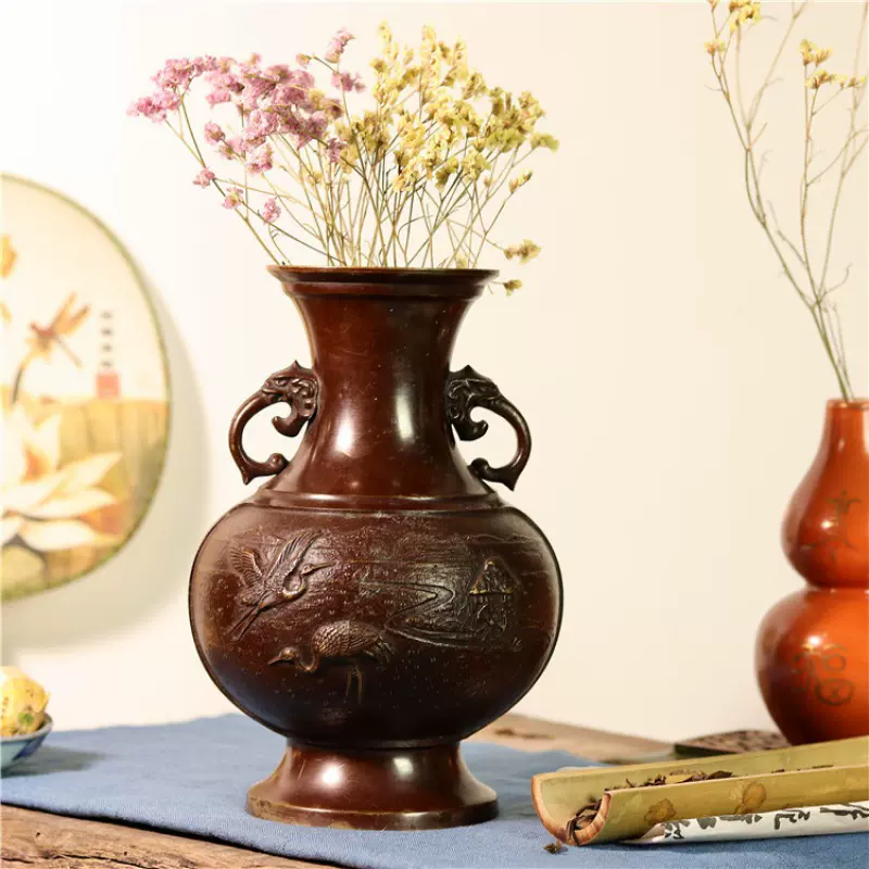 日作回流老铜瓶浮纹人物松鹤花瓶古美术插花器