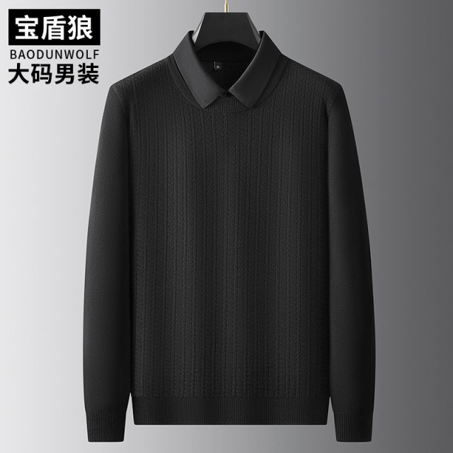Fat man wears fake two-piece plus size shirt collar sweater for men plus fat jacquard solid color sweater casual long sleeves