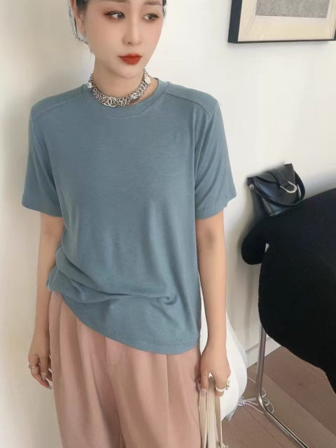 Waffle solid color long-sleeved T-shirt women's 2023 spring new Korean version loose round neck bottoming shirt top