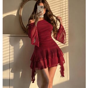 
Women's Autumn Romantic and Elegant Solid Color Asymmetric Collar Double-layer Hem Design Waist Bell Sleeve Mini Dress