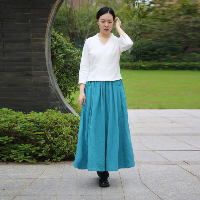 Customized autumn and winter new thickened ramie half-body long skirt literary large size large hem skirt high waist commuter pleated A-skirt
