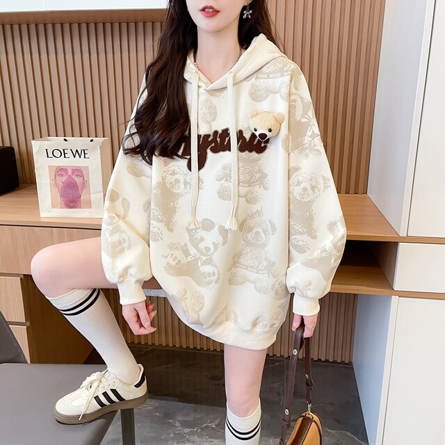 Design sense cartoon age-reducing hooded sweatshirt for women with autumn and winter plus velvet thickened loose large size junior high school students top