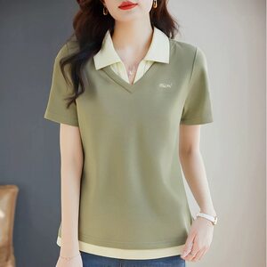 
Lapel short-sleeved T-shirt for women new summer large size women fake two-piece tops for women loose women versatile polo shirt
