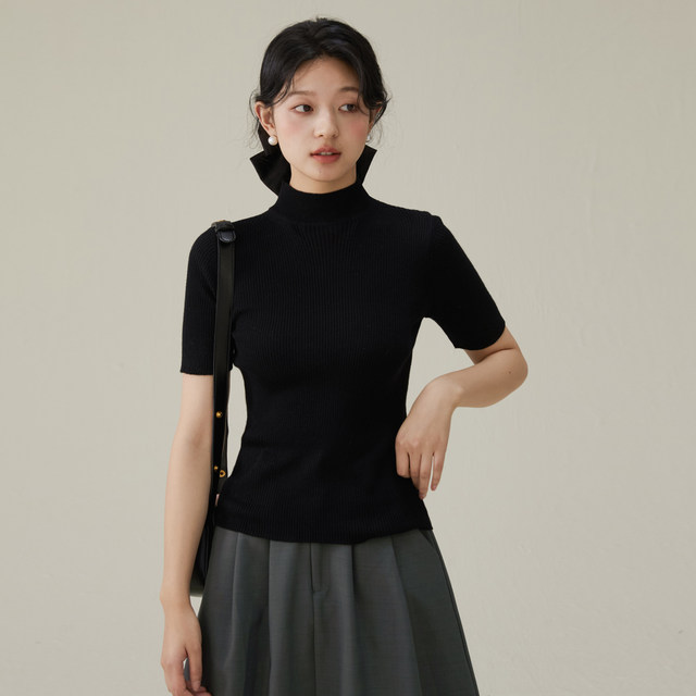 one more2025 summer half turtleneck sweater mid-sleeved women's T-shirt high-end feel bottoming top for women's clothing