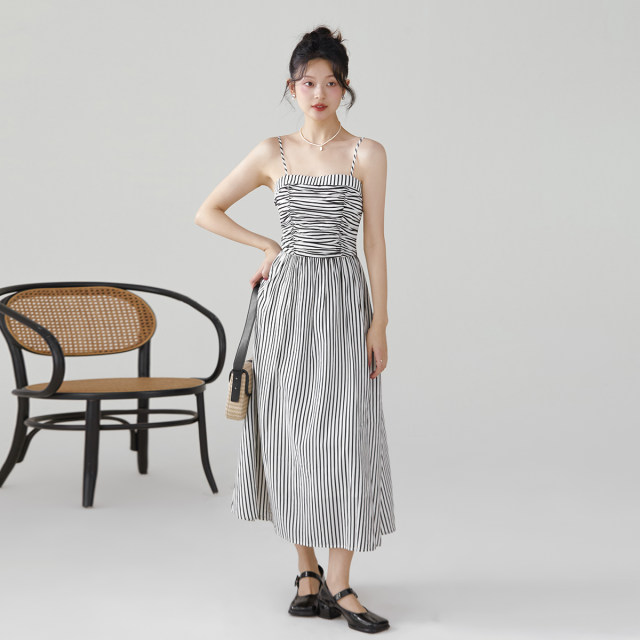 one more2025 summer new slim one-length striped suspender dress for women high-end strapless long skirt