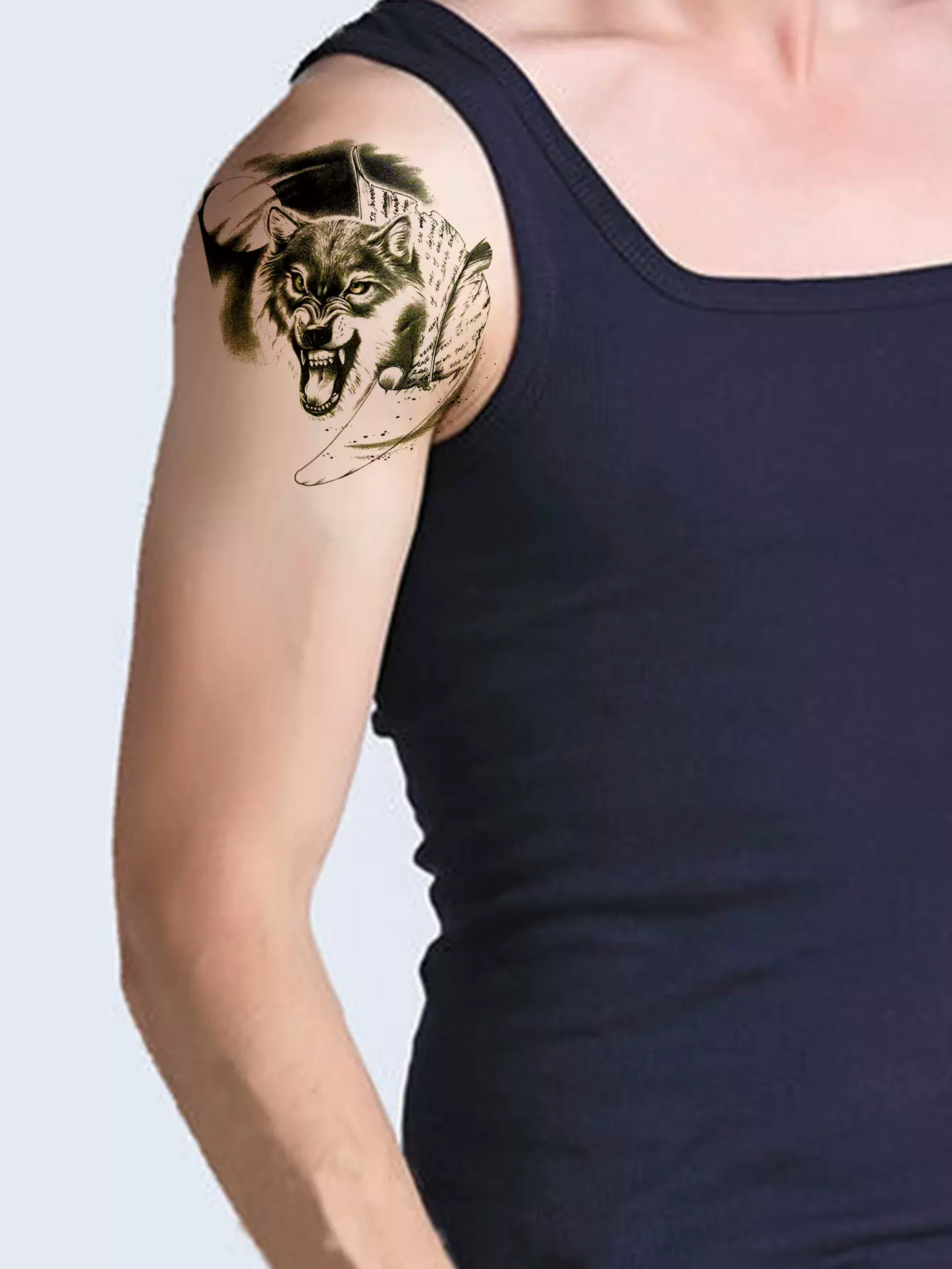 狼头图腾暗黑款花臂霸气社会人网红款纹身贴纸防水持久潮