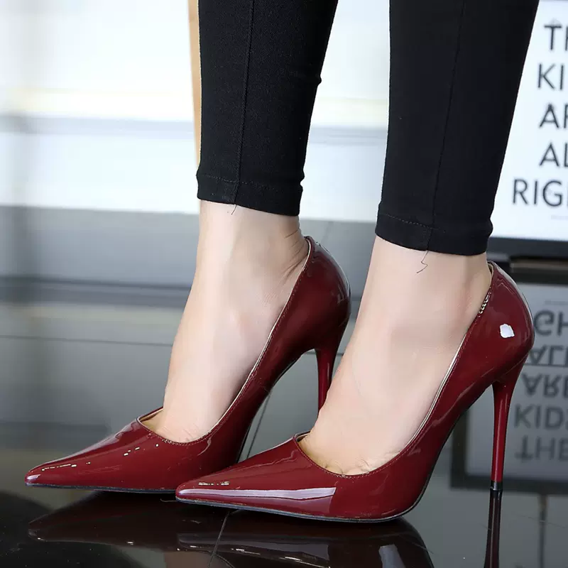 欧美范性感11CM超尖头高跟鞋女细跟浅口漆皮酒红色时尚职业OL女鞋-Taobao