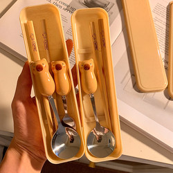 Cute Kapibara Tableware Set for One Person, Chopsticks and Spoon Set, Portable Three-Piece Set for Students and Office Workers