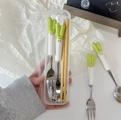 Cute Green Onion Spoon and Fork Set, Student Tableware, Chopsticks Three-Piece Set, Single Dormitory Home Use, Portable Storage Box
