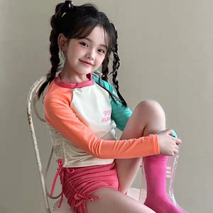 307 girls swimsuit split long sleeve sun protection boxer pants dopamine girls summer new children's swimsuit contrast color