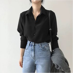 Black chiffon shirt female loose POLO collar long sleeve top OL solid color Hong Kong flavor bottoming temperament temperament shirt female
