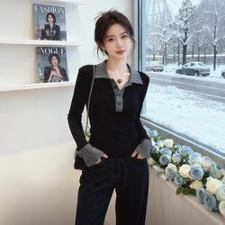 Black Polo Collar Long-Sleeve T-Shirt for Women, New Autumn and Winter Style, Plus Size, Slim Fit, Tummy-Covering Base Shirt Top