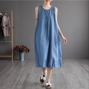 
Large size fat mm Tennis denim vest dress for women in summer thin loose casual sleeveless base midi skirt trendy
