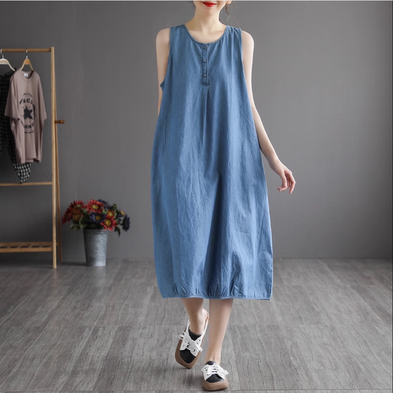 
Large size fat mm Tennis denim vest dress for women in summer thin loose casual sleeveless base midi skirt trendy