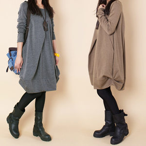 2025 Spring and Autumn New Korean Women's Large Size Loose Casual Dress Mid-Length A-line Skirt Pleated Round Neck Skirt
