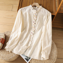 Vintage Ruffled Embroidered Jacquard Shirt for Women, Spring and Autumn, Artistic, Age-Reducing, Casual Stand-Up Collar Shirt, Unique Top