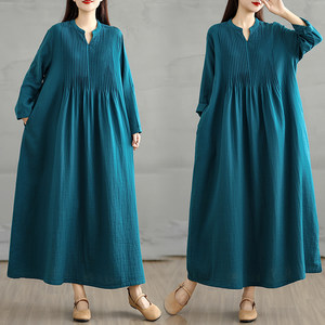 
Forest style v-neck pleated double-layer cotton gauze long-sleeved dress autumn loose and versatile mid-length a-line shirt dress
