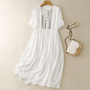 
Heavy industry embroidered ramie dress women's new summer white temperament cotton and linen skirt mid-length a-line skirt