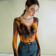 American -style tie -dyeing printing mesh top fold tight long -sleeved V -neck T -shirt female spring and summer new design sense bottoming shirt
