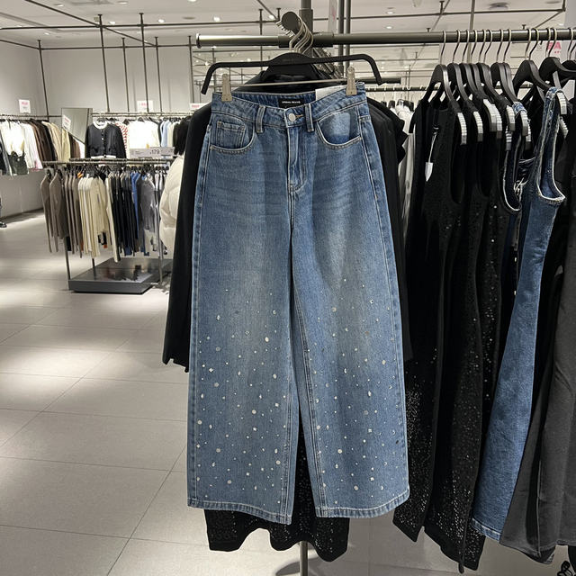 UR Domestic 2025 spring women's clothing fashionable design sense beaded wide-leg denim trousers UWG850020