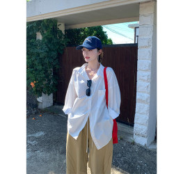 Relaxed and Loose Boyfriend-Style Casual Mid-Length Oversize Thin Pure White Shirt Cardigan for Women